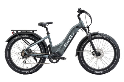 A gray electric bike with off-road tires